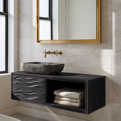Floating Solid Wood Bathroom Vanity With Carved Wave Drawers And Open Towel Shelf - Livewoodcraft - 3