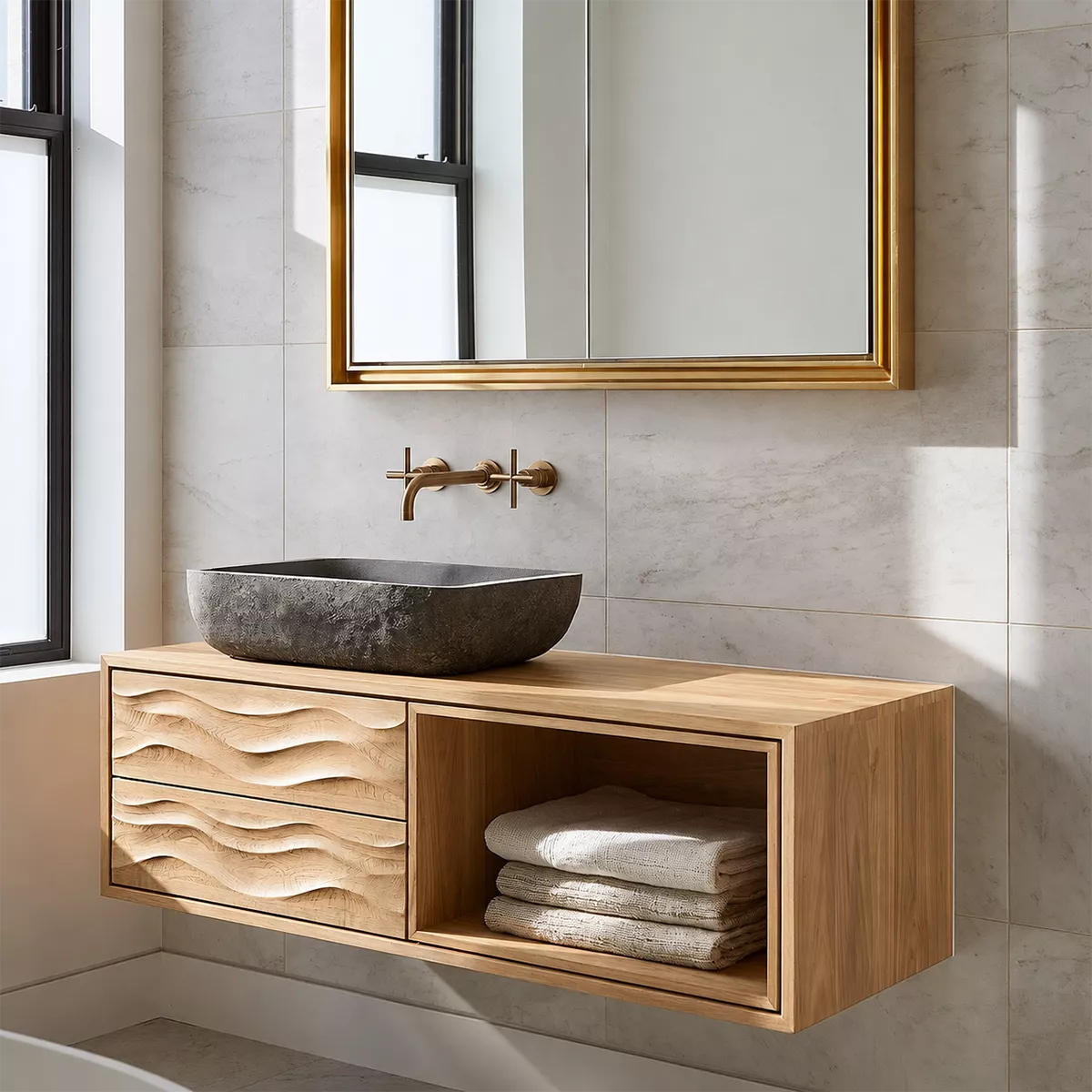 Floating Solid Wood Bathroom Vanity With Carved Wave Drawers And Open Towel Shelf - Livewoodcraft - 4