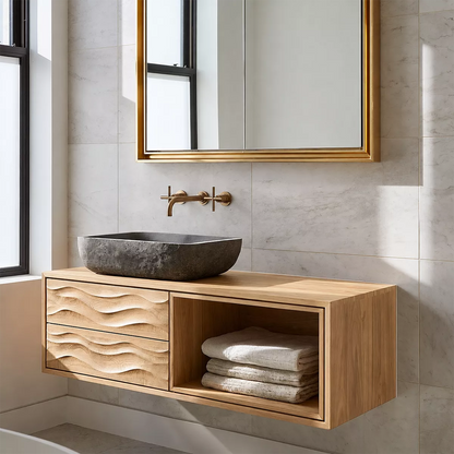 Floating Solid Wood Bathroom Vanity With Carved Wave Drawers And Open Towel Shelf - Livewoodcraft - 4