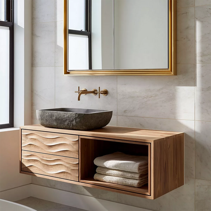 Floating Solid Wood Bathroom Vanity With Carved Wave Drawers And Open Towel Shelf - Livewoodcraft - 5