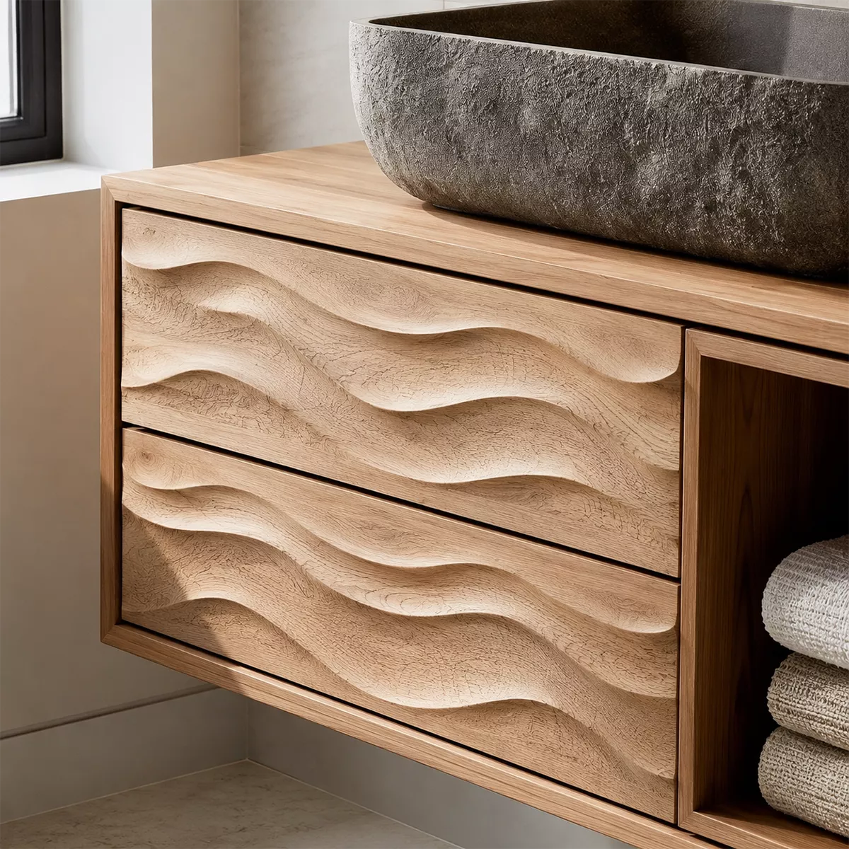 Floating Solid Wood Bathroom Vanity With Carved Wave Drawers And Open Towel Shelf - Livewoodcraft - 6
