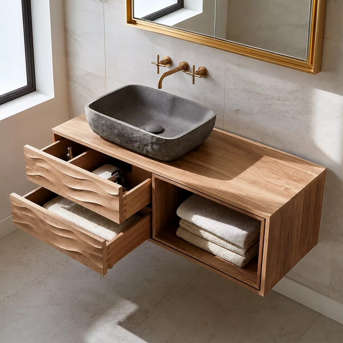 Floating Solid Wood Bathroom Vanity With Carved Wave Drawers And Open Towel Shelf - Livewoodcraft - 7