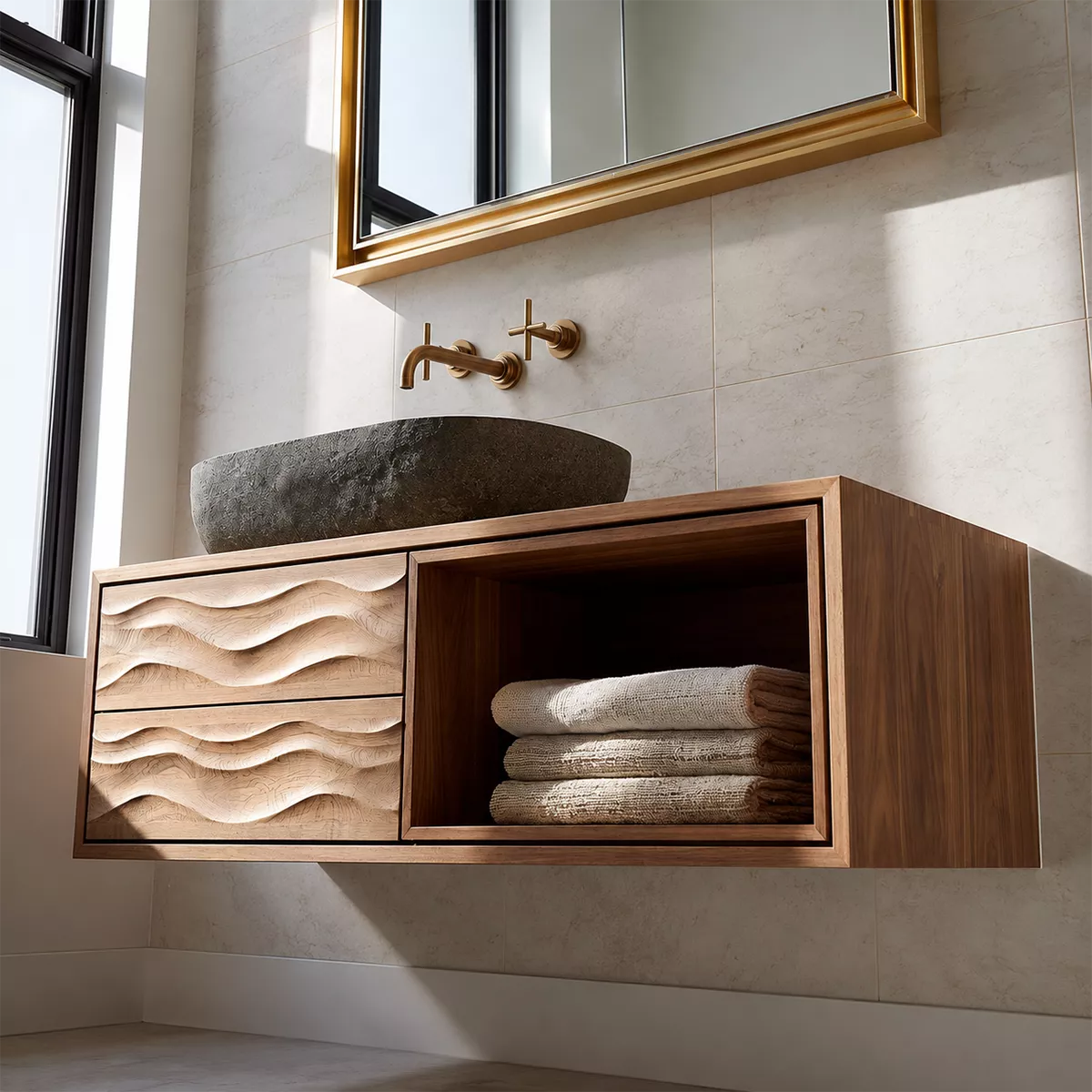 Floating Solid Wood Bathroom Vanity With Carved Wave Drawers And Open Towel Shelf - Livewoodcraft - 8