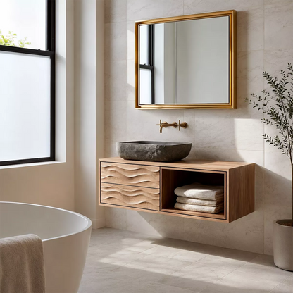 Floating Solid Wood Bathroom Vanity With Carved Wave Drawers And Open Towel Shelf - Livewoodcraft - 9