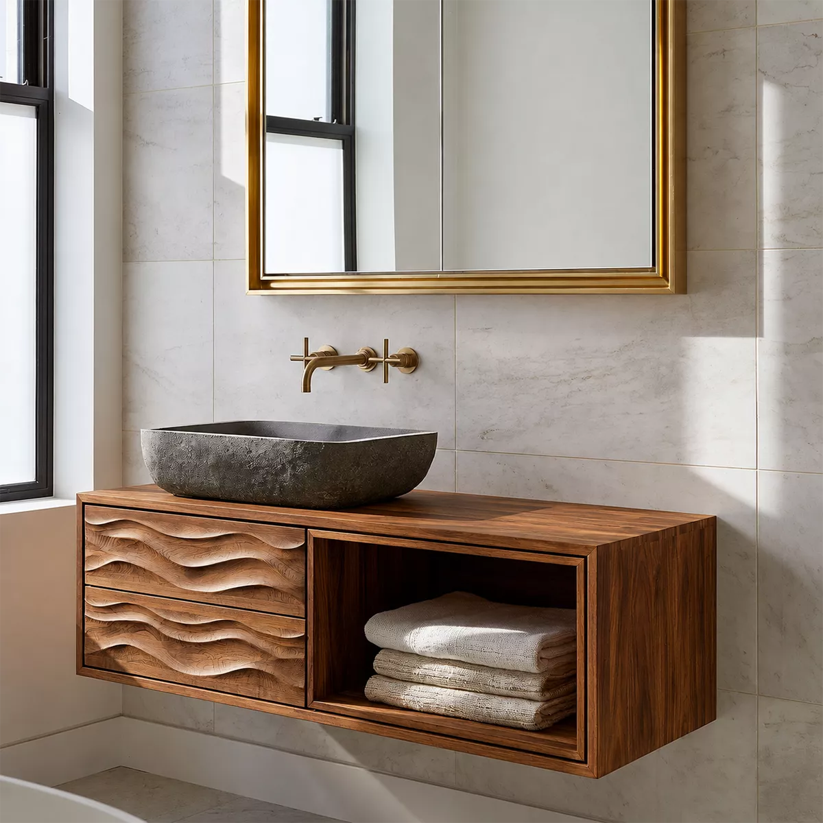 Floating Solid Wood Bathroom Vanity With Carved Wave Drawers And Open Towel Shelf - Livewoodcraft