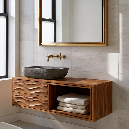 Floating Solid Wood Bathroom Vanity With Carved Wave Drawers And Open Towel Shelf - Livewoodcraft