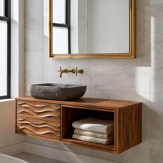 Floating Solid Wood Bathroom Vanity With Carved Wave Drawers And Open Towel Shelf - Livewoodcraft