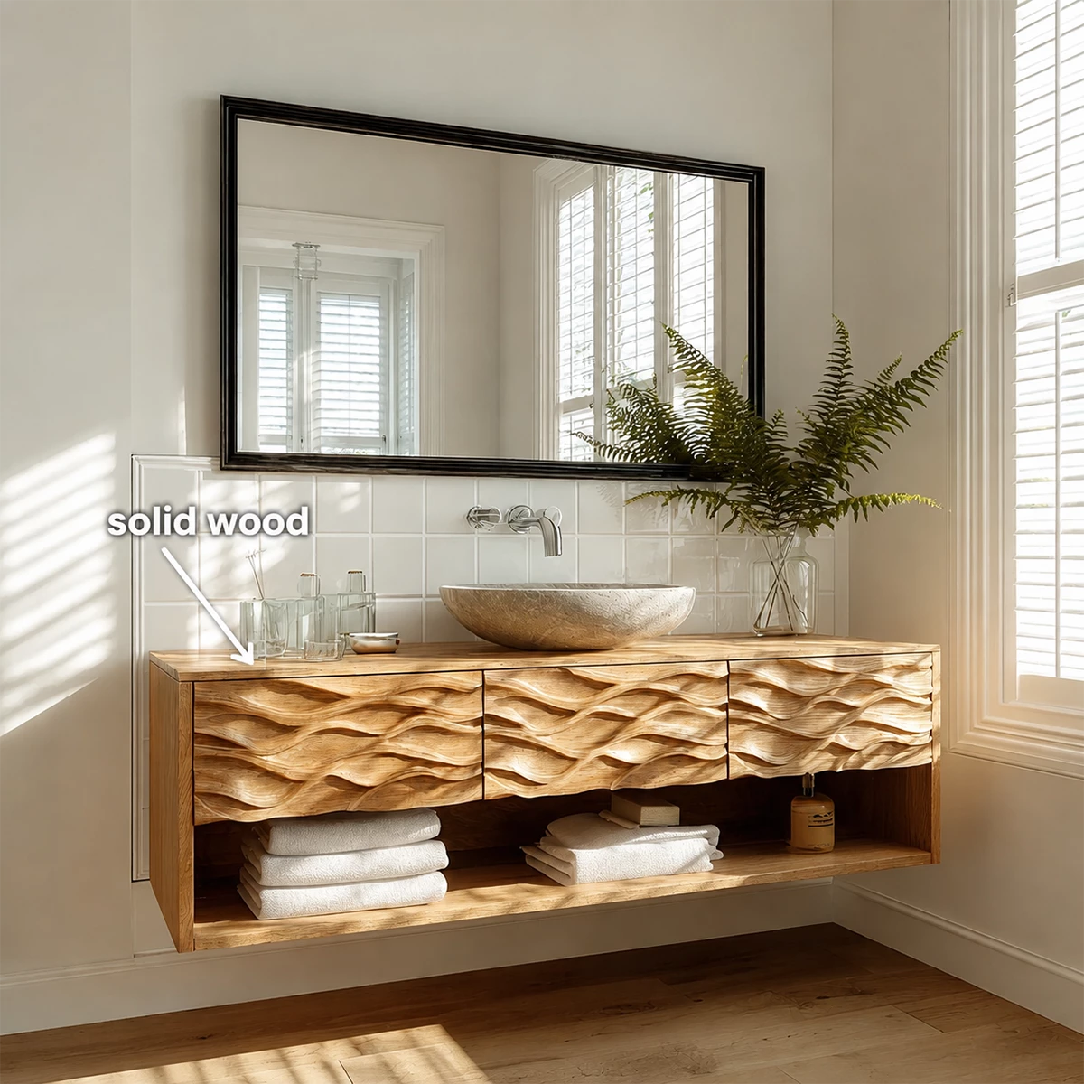 Floating Solid Wood Bathroom Vanity with Carved Wave Front and Open Shelf - Livewoodcraft - 10