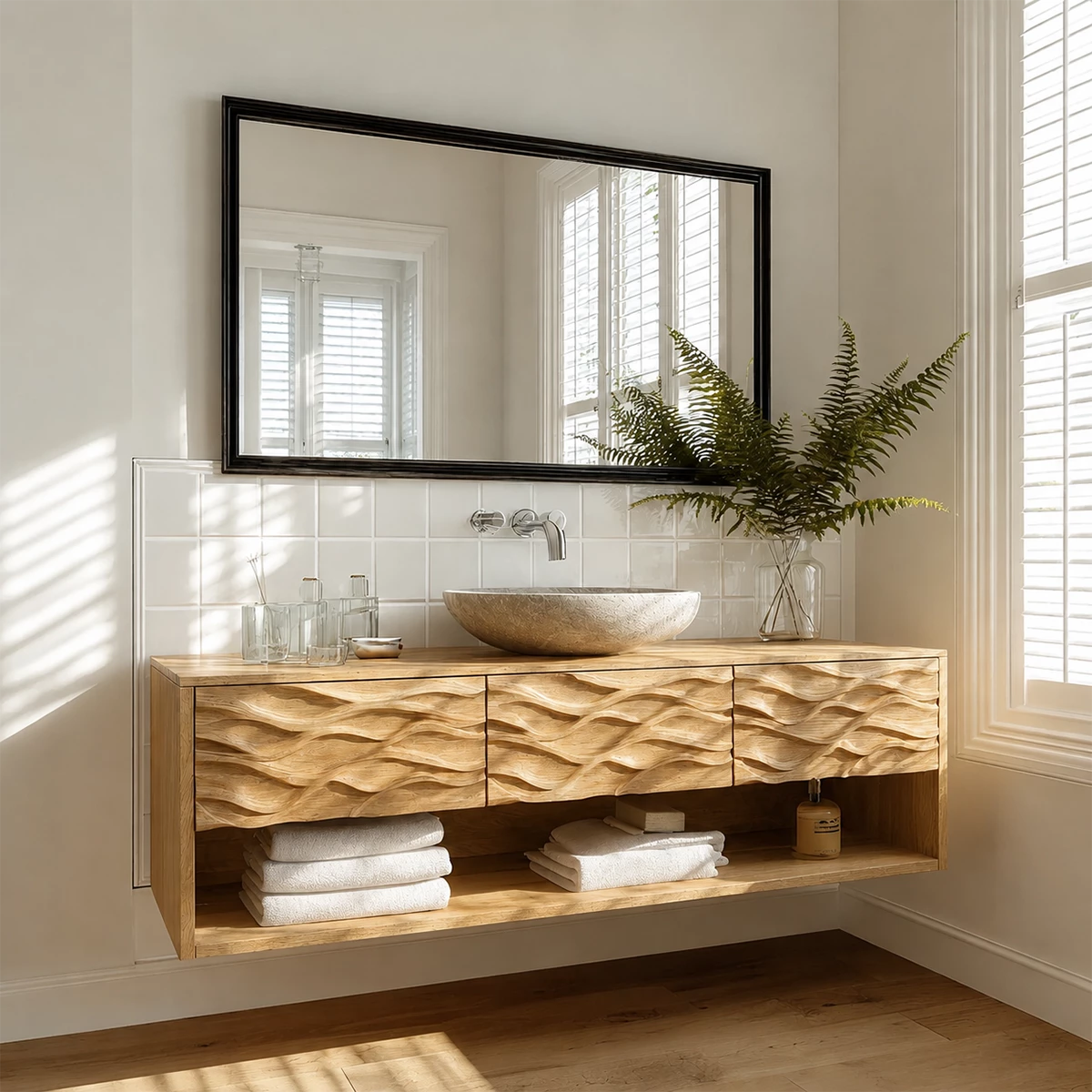 Floating Solid Wood Bathroom Vanity with Carved Wave Front and Open Shelf - Livewoodcraft - 2