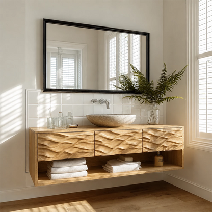Floating Solid Wood Bathroom Vanity with Carved Wave Front and Open Shelf - Livewoodcraft - 2