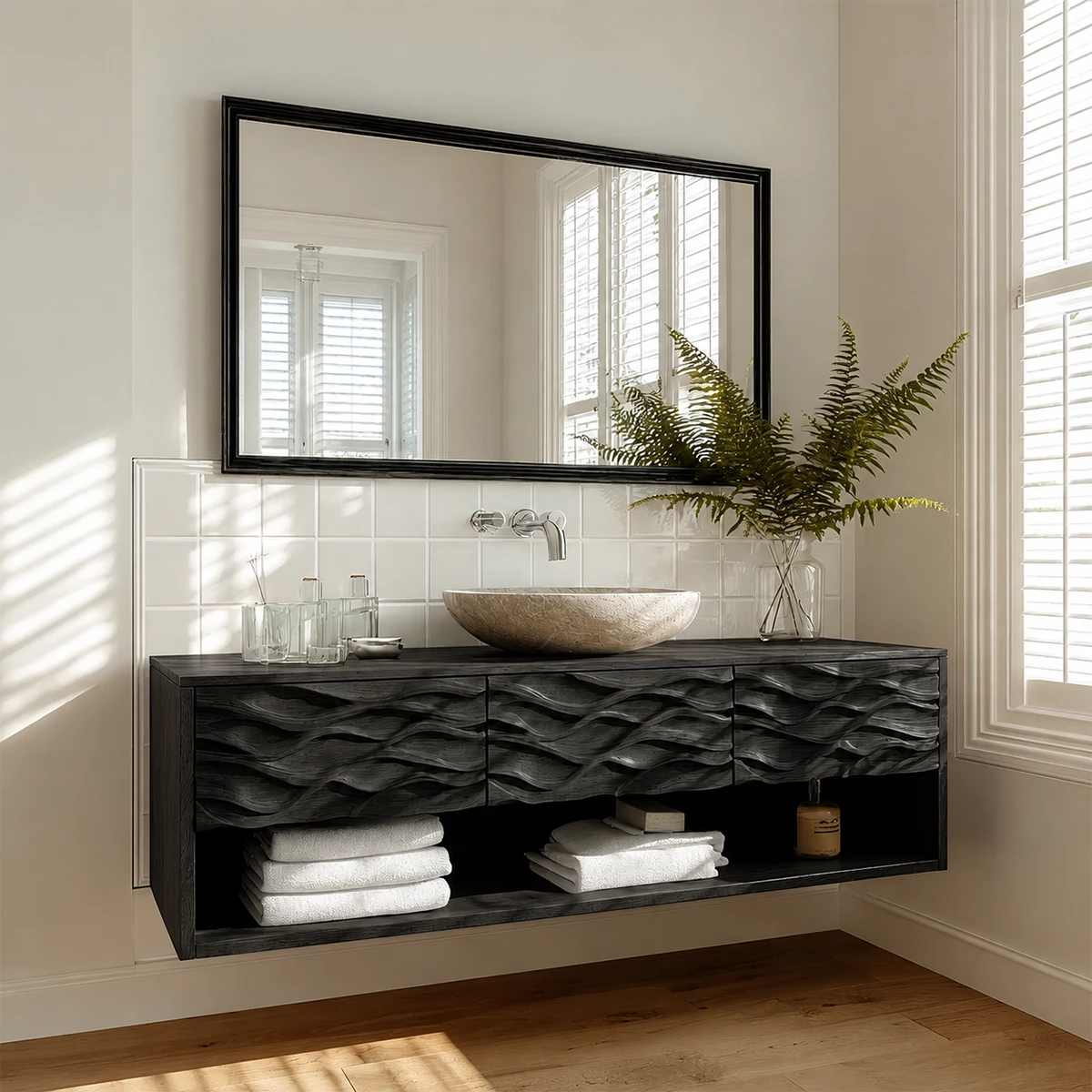 Floating Solid Wood Bathroom Vanity with Carved Wave Front and Open Shelf - Livewoodcraft - 3