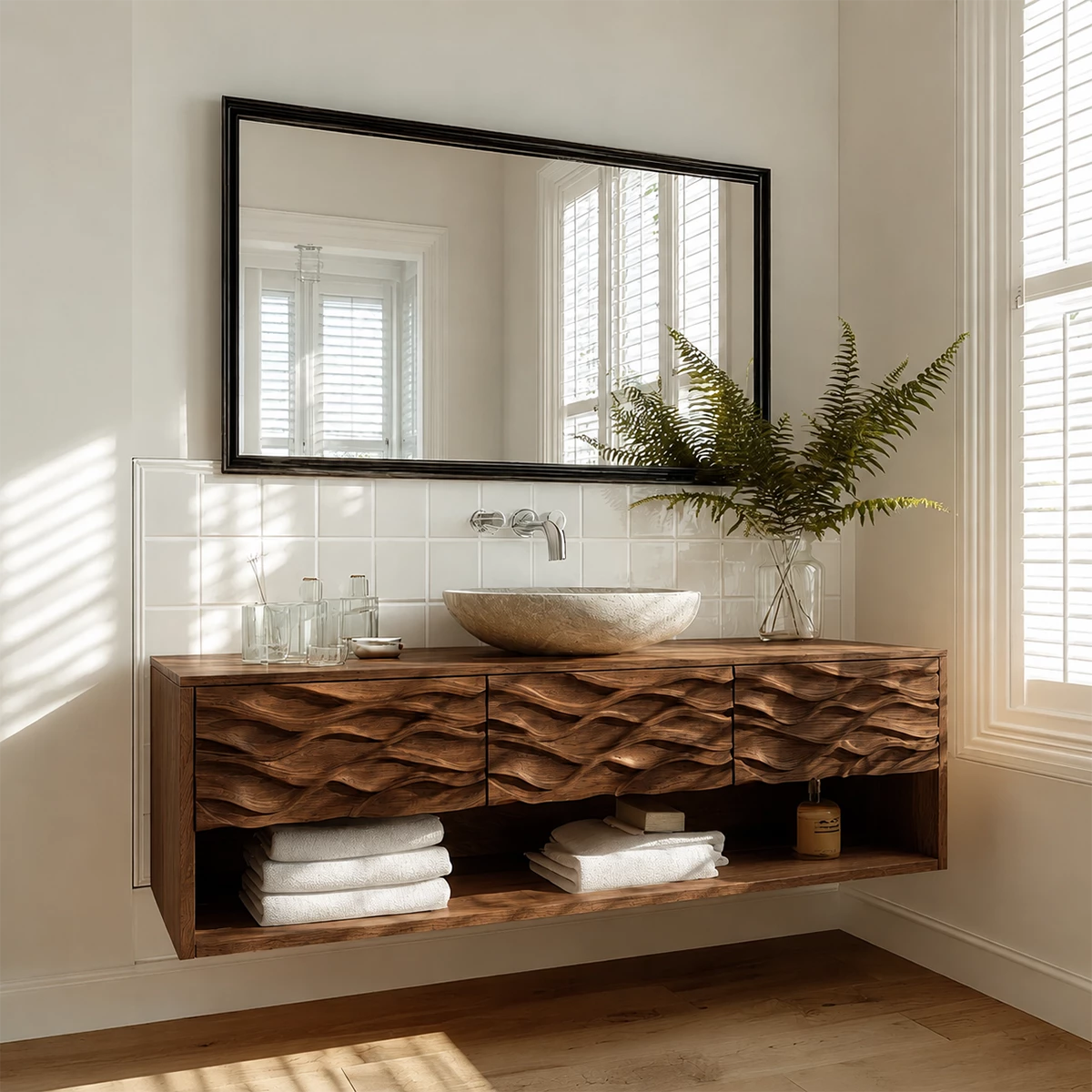 Floating Solid Wood Bathroom Vanity with Carved Wave Front and Open Shelf - Livewoodcraft - 4