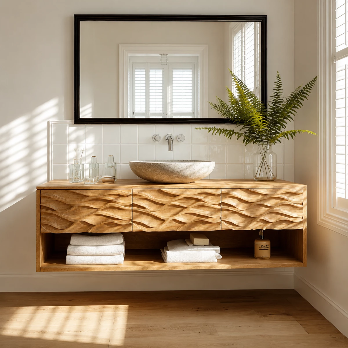 Floating Solid Wood Bathroom Vanity with Carved Wave Front and Open Shelf - Livewoodcraft - 5