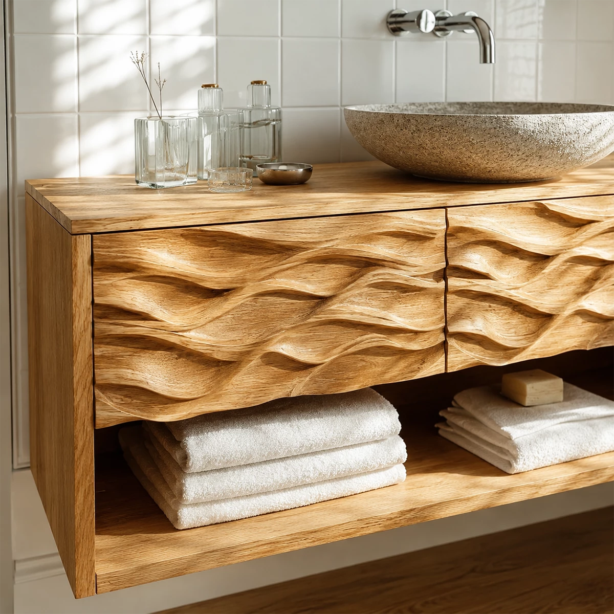 Floating Solid Wood Bathroom Vanity with Carved Wave Front and Open Shelf - Livewoodcraft - 6