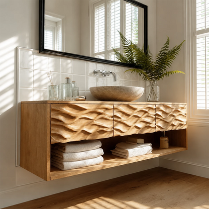 Floating Solid Wood Bathroom Vanity with Carved Wave Front and Open Shelf - Livewoodcraft - 7