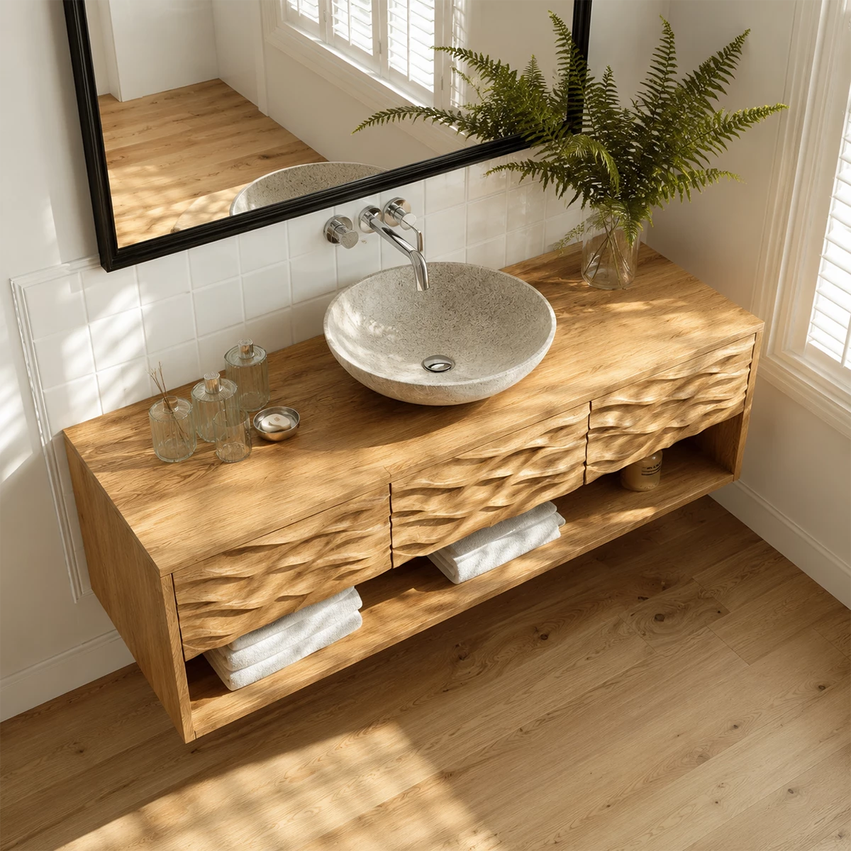 Floating Solid Wood Bathroom Vanity with Carved Wave Front and Open Shelf - Livewoodcraft - 8