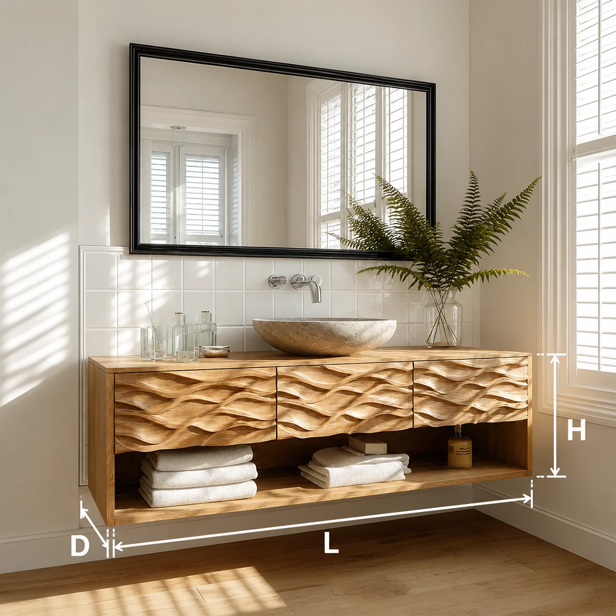 Floating Solid Wood Bathroom Vanity with Carved Wave Front and Open Shelf - Livewoodcraft - 9