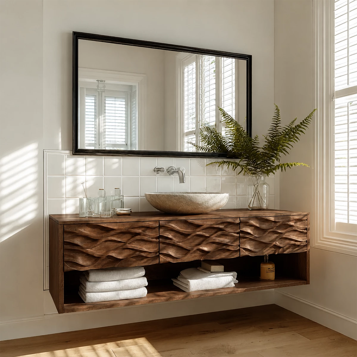 Floating Solid Wood Bathroom Vanity with Carved Wave Front and Open Shelf - Livewoodcraft