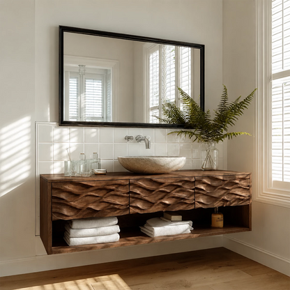Floating Solid Wood Bathroom Vanity with Carved Wave Front and Open Shelf - Livewoodcraft