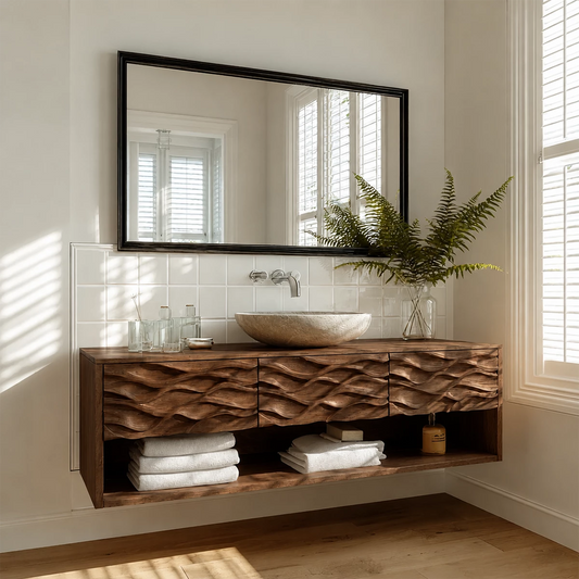 Floating Solid Wood Bathroom Vanity with Carved Wave Front and Open Shelf - Livewoodcraft