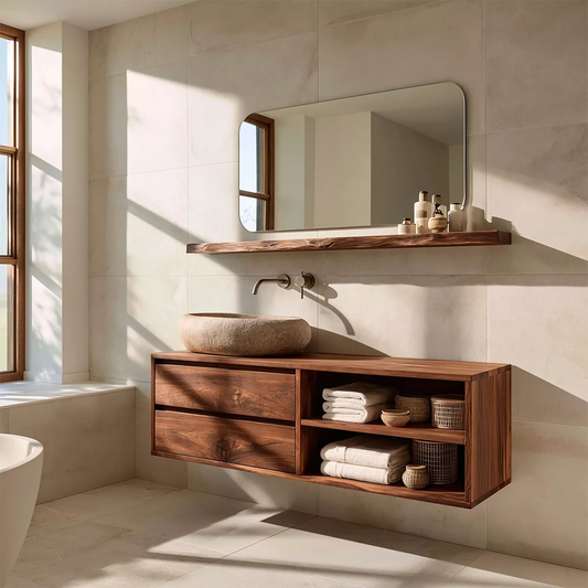 Floating Solid Wood Bathroom Vanity With Drawer Storage And Open Towel Shelves - Livewoodcraft