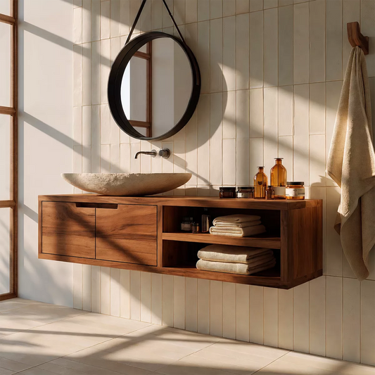 Floating Solid Wood Bathroom Vanity With Hidden Cabinet And Open Shelf Storage - Livewoodcraft