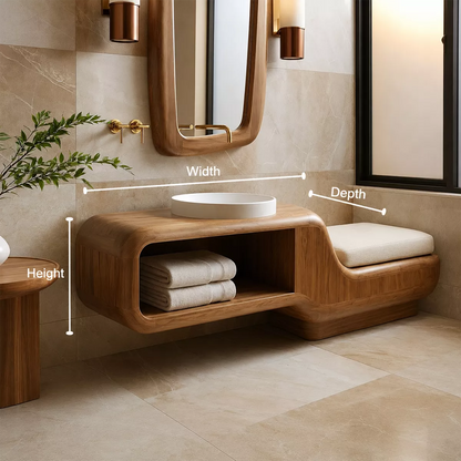 Floating Solid Wood Bathroom Vanity With Integrated Bench Open Shelf And Organic Mirror Frame - Livewoodcraft - 10
