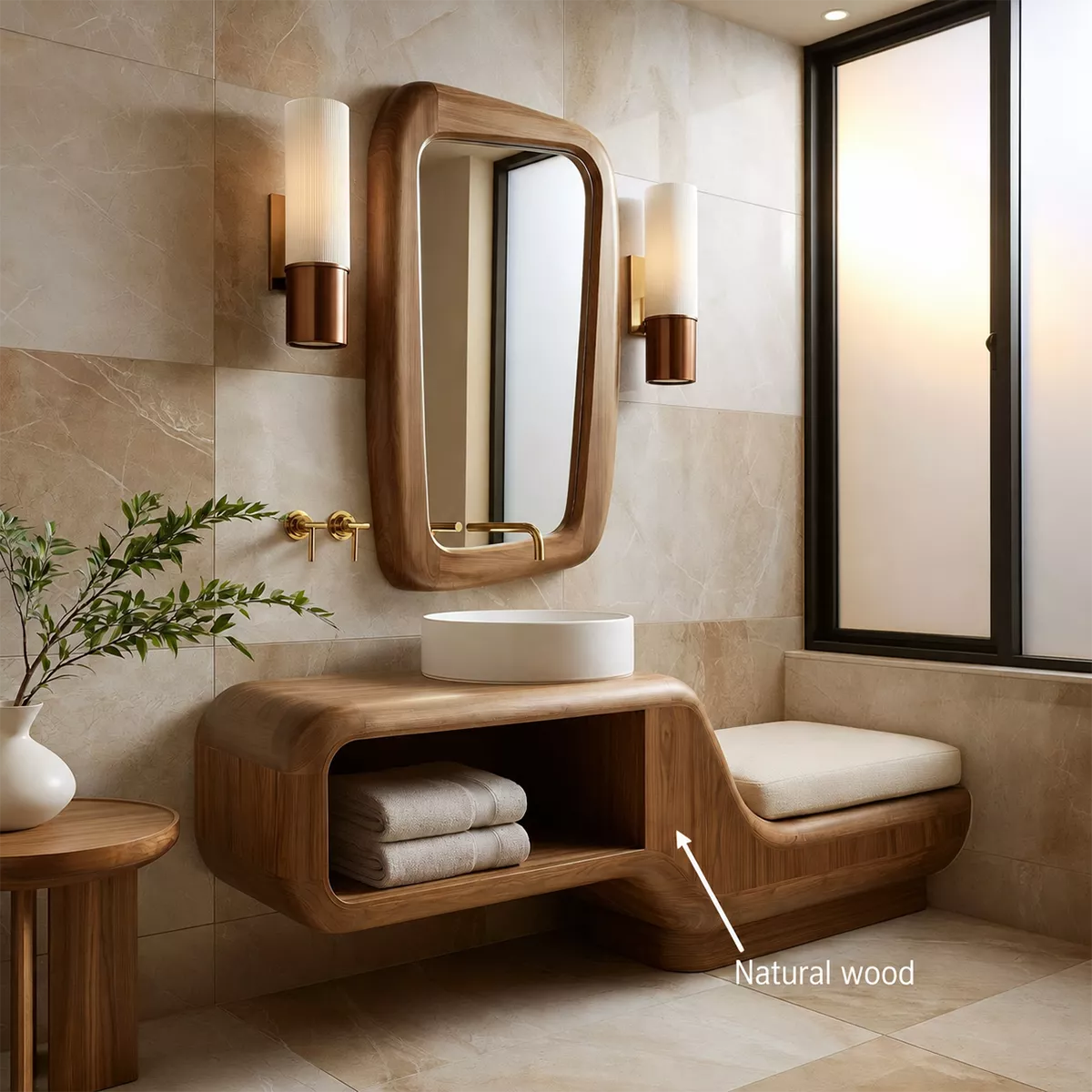 Floating Solid Wood Bathroom Vanity With Integrated Bench Open Shelf And Organic Mirror Frame - Livewoodcraft - 11