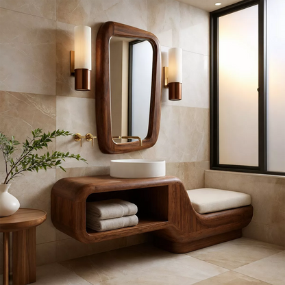 Floating Solid Wood Bathroom Vanity With Integrated Bench Open Shelf And Organic Mirror Frame - Livewoodcraft - 2