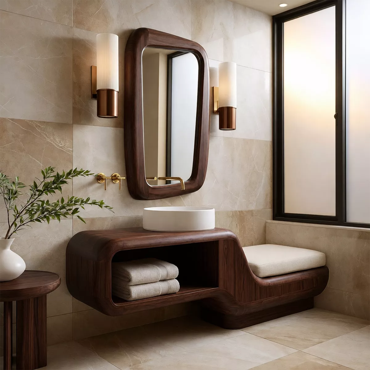 Floating Solid Wood Bathroom Vanity With Integrated Bench Open Shelf And Organic Mirror Frame - Livewoodcraft - 3