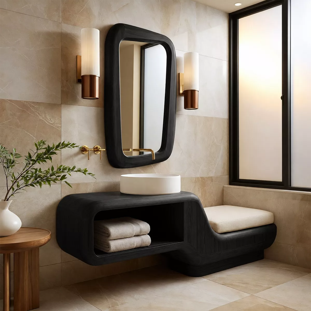 Floating Solid Wood Bathroom Vanity With Integrated Bench Open Shelf And Organic Mirror Frame - Livewoodcraft - 4
