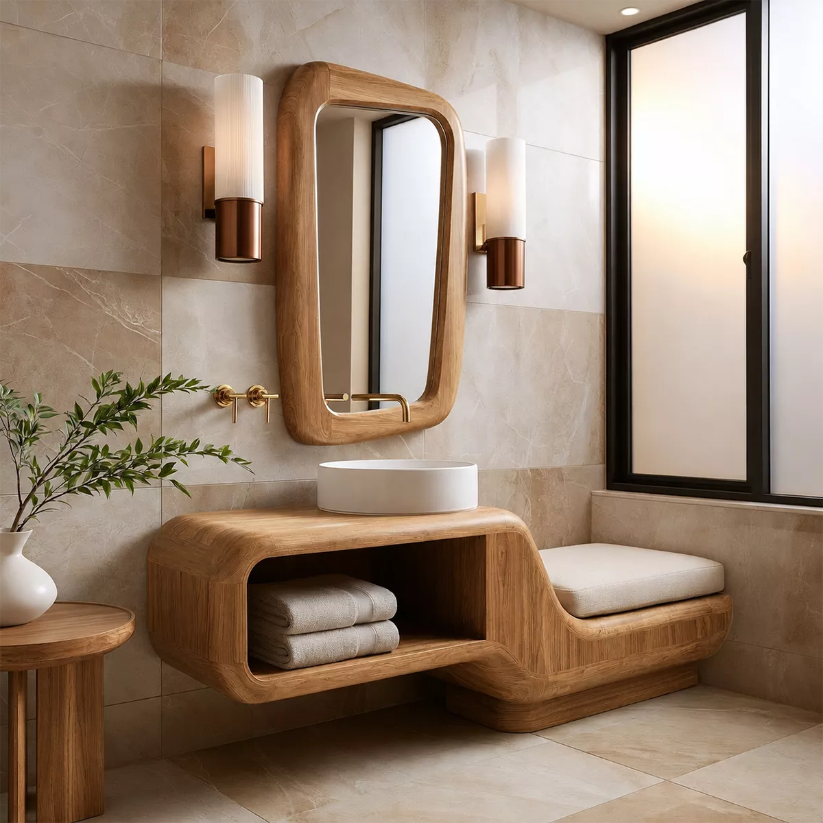 Floating Solid Wood Bathroom Vanity With Integrated Bench Open Shelf And Organic Mirror Frame - Livewoodcraft - 5