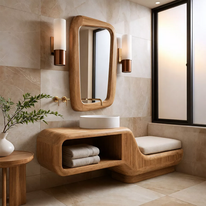 Floating Solid Wood Bathroom Vanity With Integrated Bench Open Shelf And Organic Mirror Frame - Livewoodcraft - 5