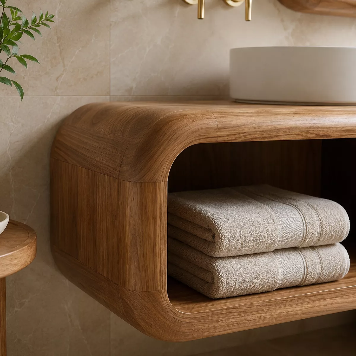 Floating Solid Wood Bathroom Vanity With Integrated Bench Open Shelf And Organic Mirror Frame - Livewoodcraft - 6
