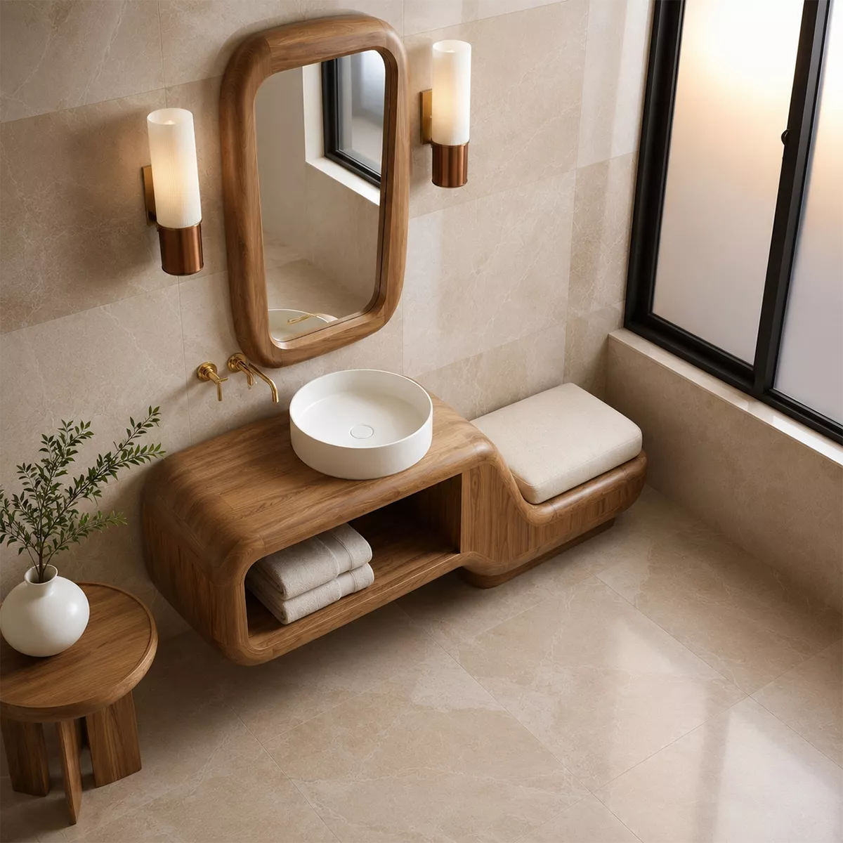 Floating Solid Wood Bathroom Vanity With Integrated Bench Open Shelf And Organic Mirror Frame - Livewoodcraft - 7