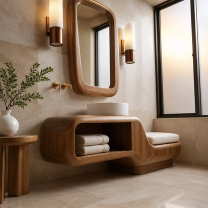 Floating Solid Wood Bathroom Vanity With Integrated Bench Open Shelf And Organic Mirror Frame - Livewoodcraft - 8