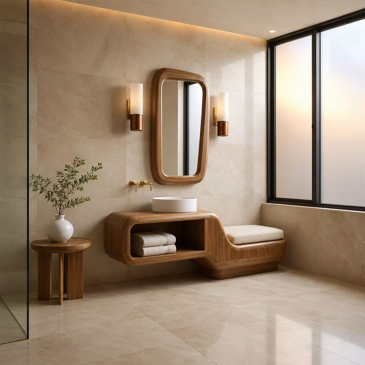 Floating Solid Wood Bathroom Vanity With Integrated Bench Open Shelf And Organic Mirror Frame - Livewoodcraft - 9