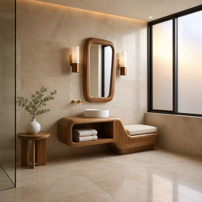 Floating Solid Wood Bathroom Vanity With Integrated Bench Open Shelf And Organic Mirror Frame - Livewoodcraft - 9