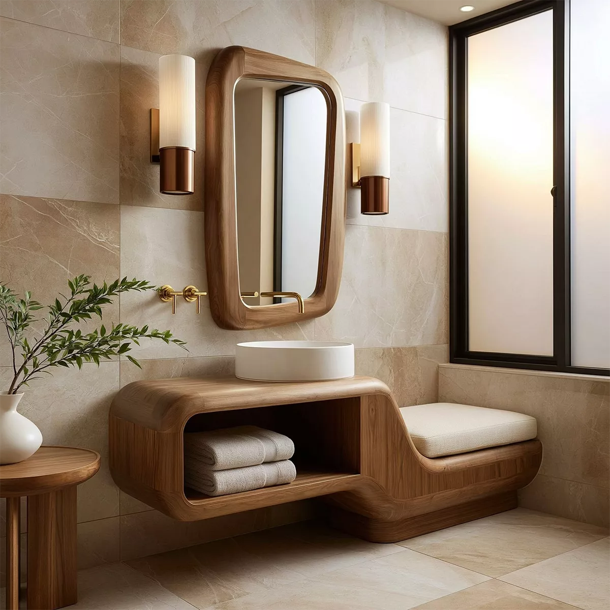 Floating Solid Wood Bathroom Vanity With Integrated Bench Open Shelf And Organic Mirror Frame - Livewoodcraft