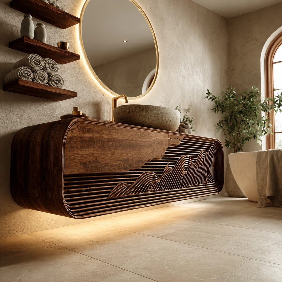 Floating Solid Wood Bathroom Vanity with Mountain Relief Front Design - Livewoodcraft - 10