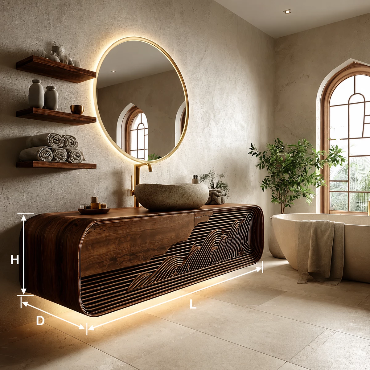 Floating Solid Wood Bathroom Vanity with Mountain Relief Front Design - Livewoodcraft - 2