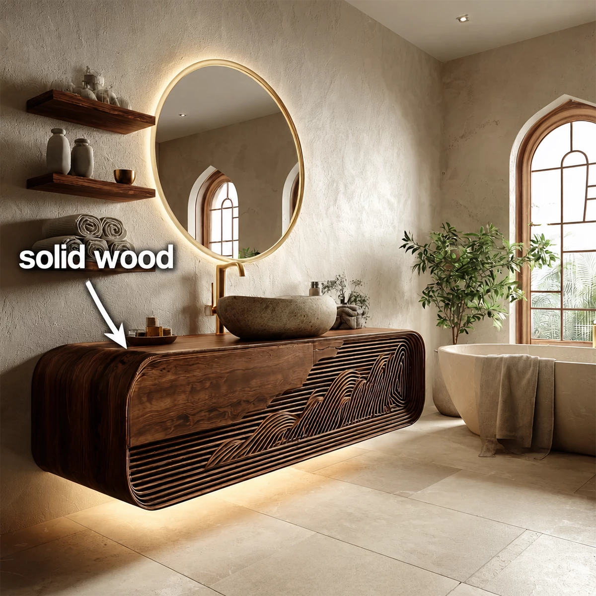 Floating Solid Wood Bathroom Vanity with Mountain Relief Front Design - Livewoodcraft - 3