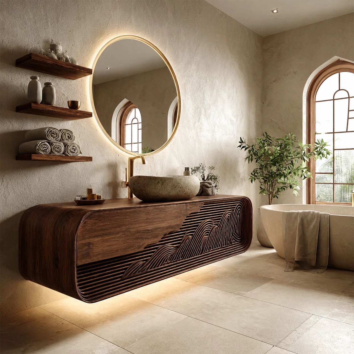 Floating Solid Wood Bathroom Vanity with Mountain Relief Front Design - Livewoodcraft - 4