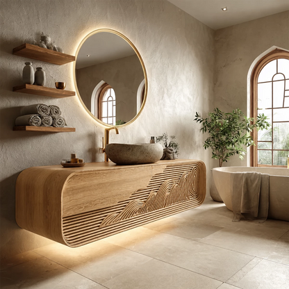 Floating Solid Wood Bathroom Vanity with Mountain Relief Front Design - Livewoodcraft - 5