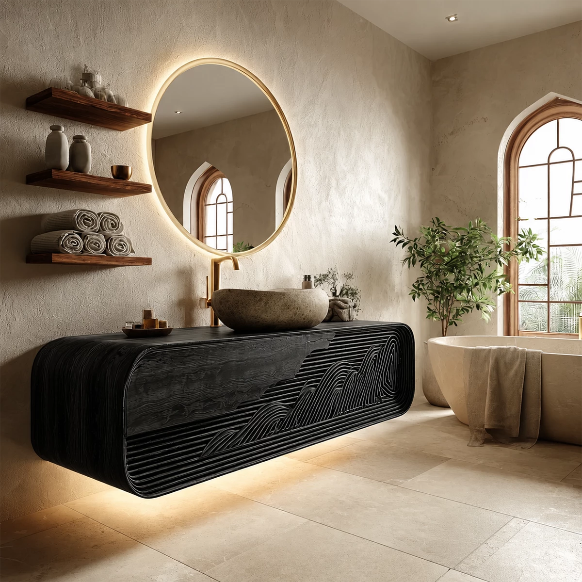Floating Solid Wood Bathroom Vanity with Mountain Relief Front Design - Livewoodcraft - 6