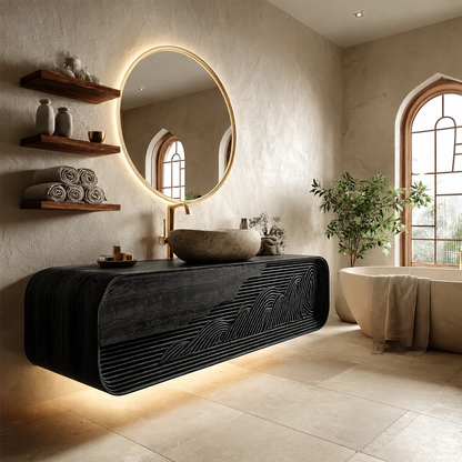 Floating Solid Wood Bathroom Vanity with Mountain Relief Front Design - Livewoodcraft - 6