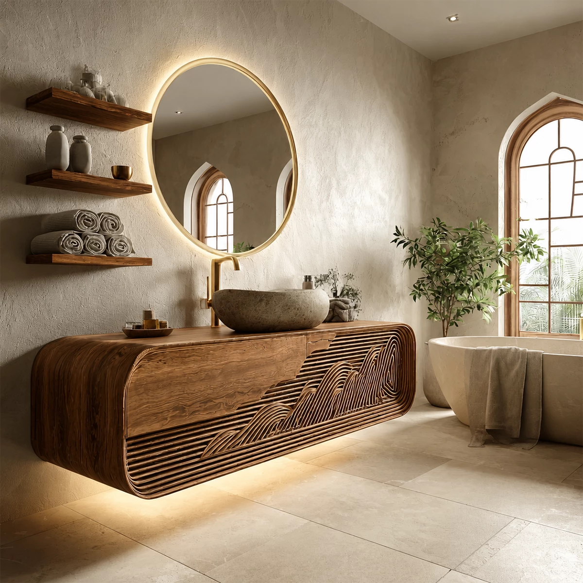 Floating Solid Wood Bathroom Vanity with Mountain Relief Front Design - Livewoodcraft - 7