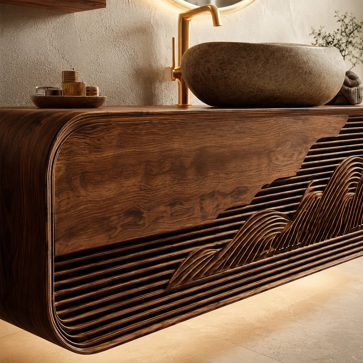 Floating Solid Wood Bathroom Vanity with Mountain Relief Front Design - Livewoodcraft - 8