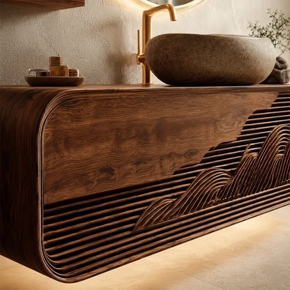 Floating Solid Wood Bathroom Vanity with Mountain Relief Front Design - Livewoodcraft - 8