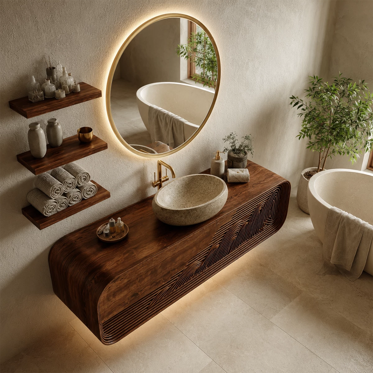 Floating Solid Wood Bathroom Vanity with Mountain Relief Front Design - Livewoodcraft - 9